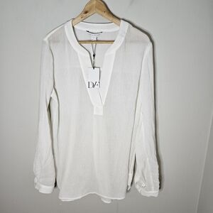 Diane Von Furstenberg Esti White Tunic Blouse Gauze Long Sleeve Women's 14 NWT